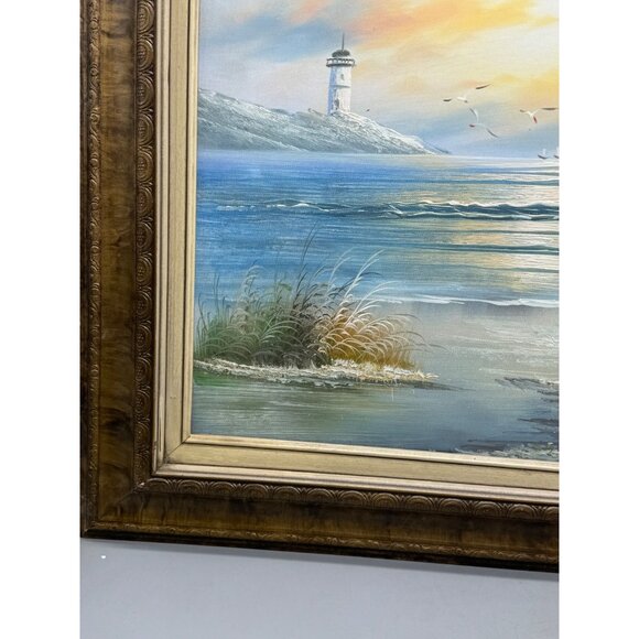 Framed Coastal ocean Landscape Painting With Lighthouse Palm Trees 31x27" READ - Picture 5 of 14